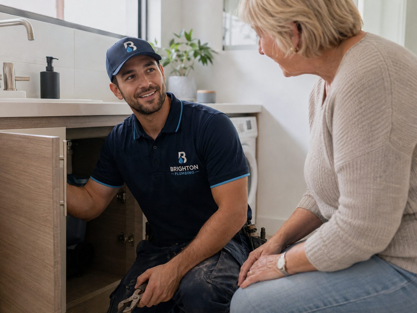 Plumber and customer looking at bathroom fittings together