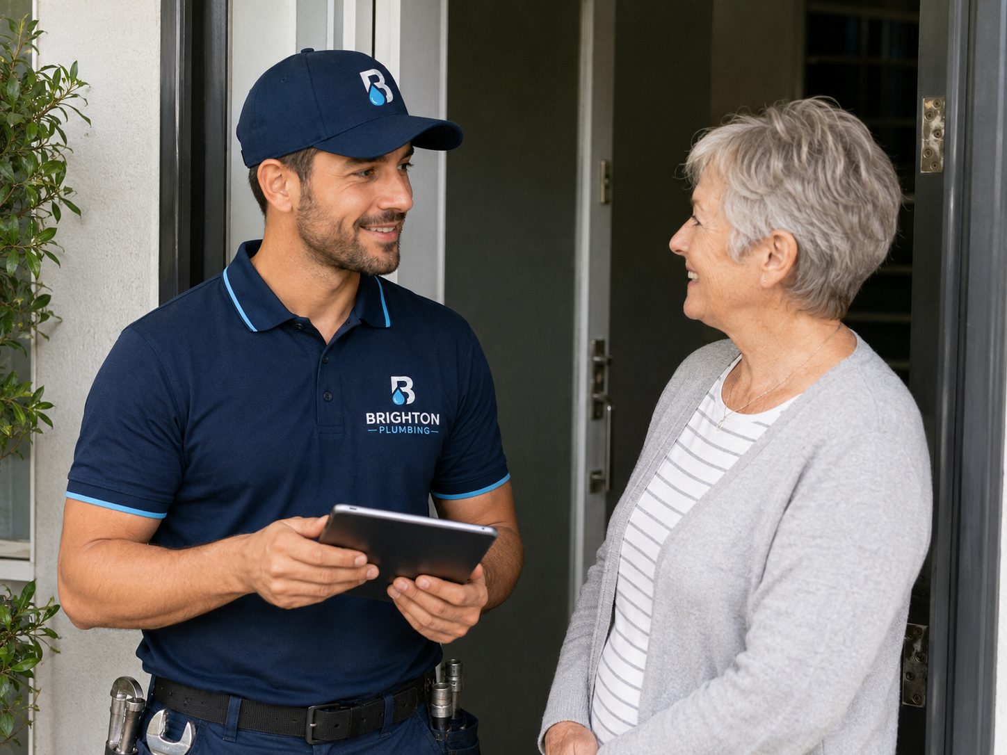Plumber arriving at a customer's front door