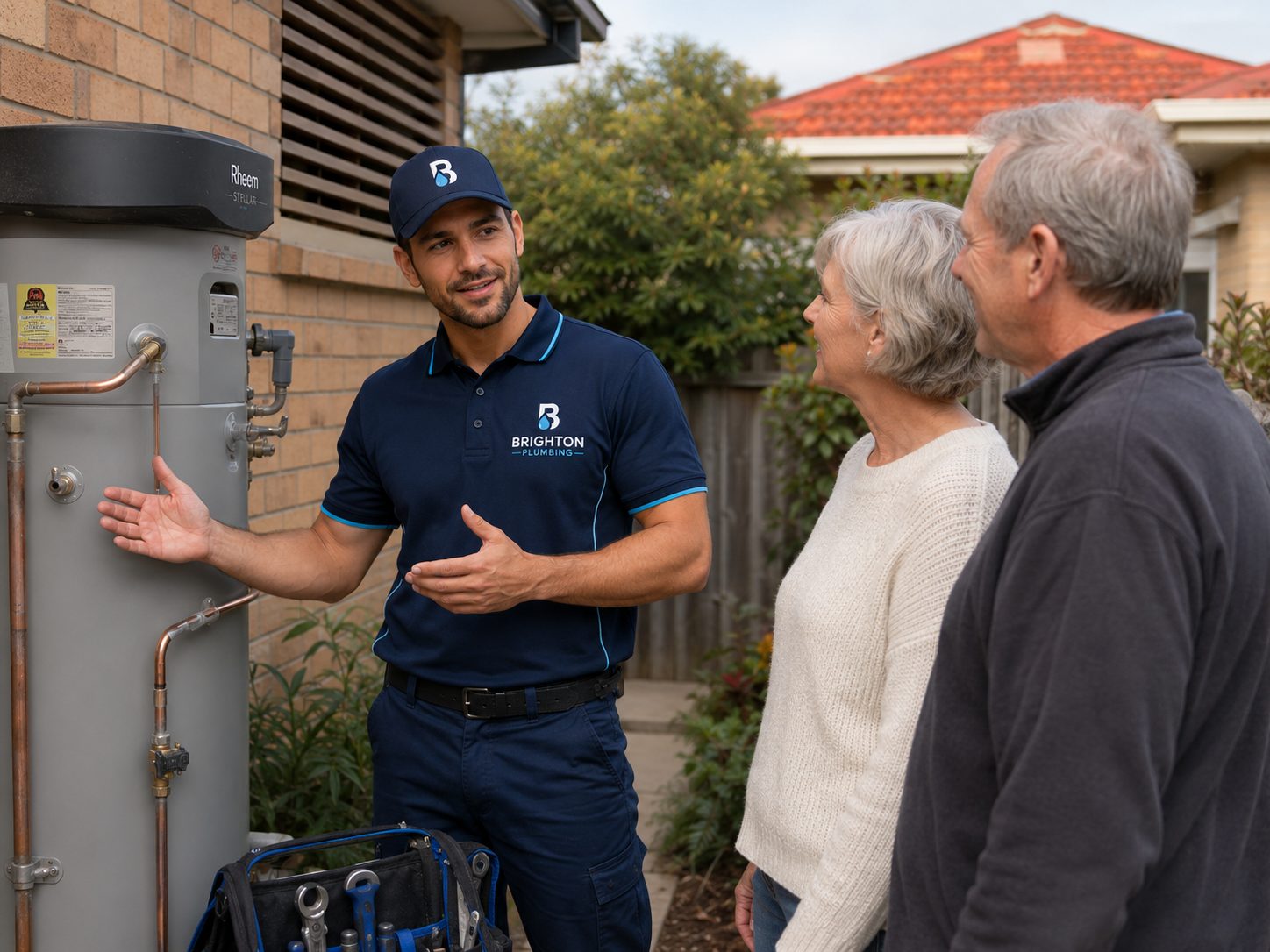 Plumber explaining a hot water unit to a customer