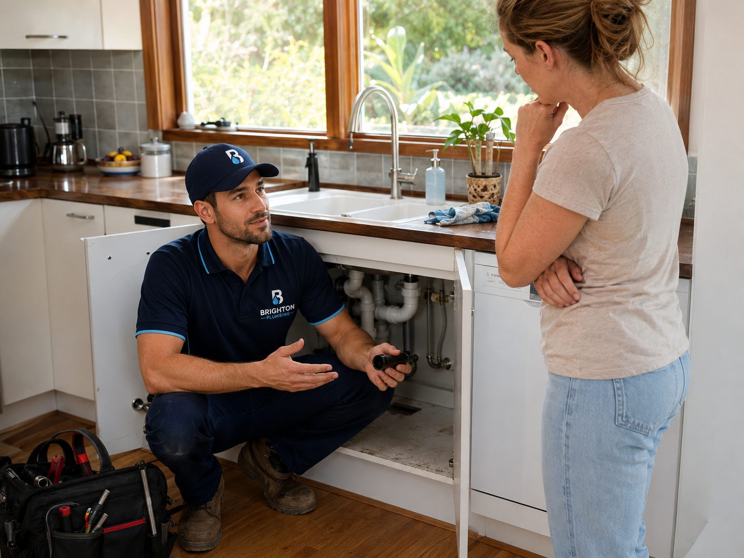 Plumber talking through a job with a customer in their kitchen