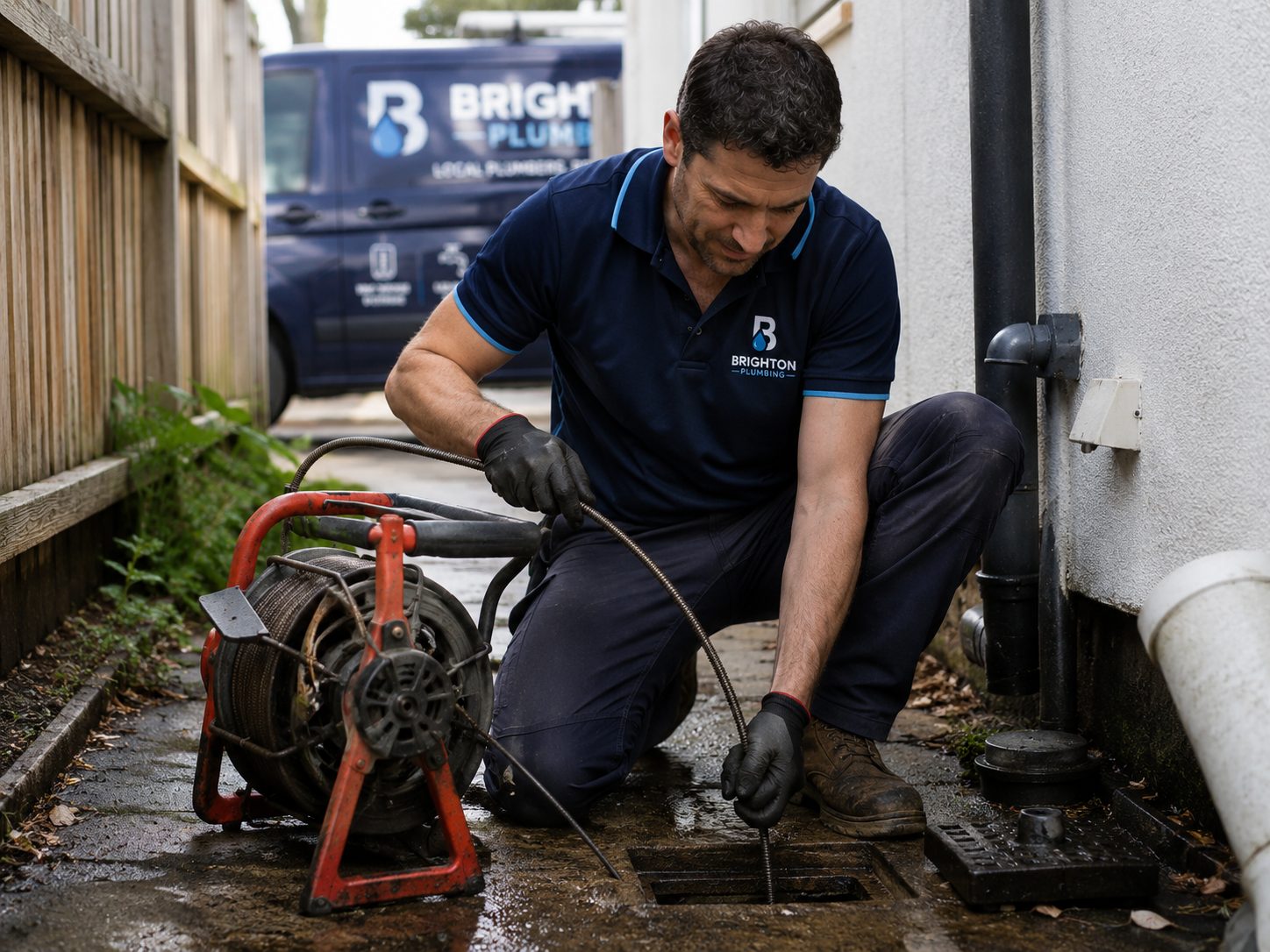 High-pressure drain jetting equipment in use at an access point