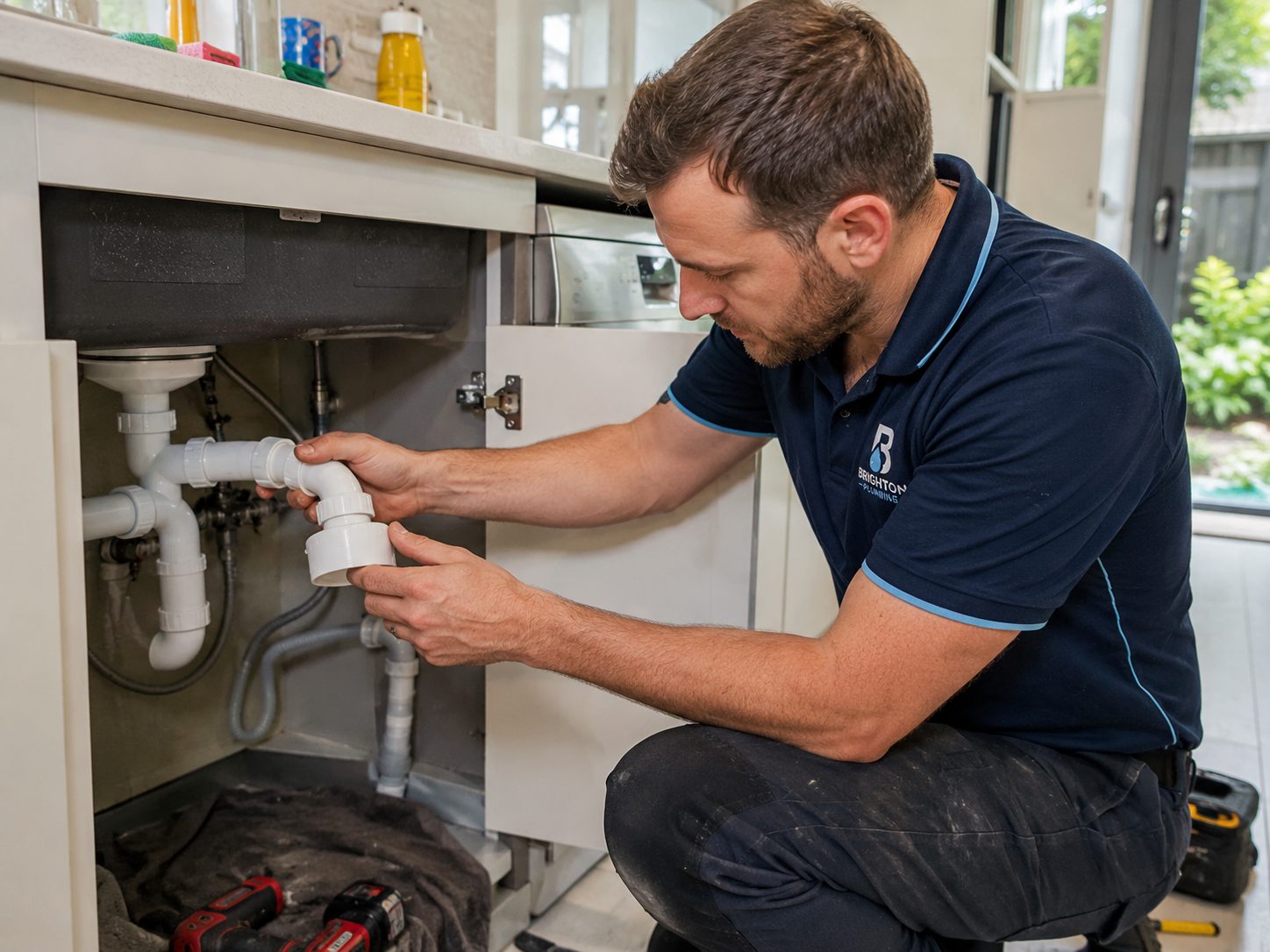 Plumber working on the trap and connections under a sink